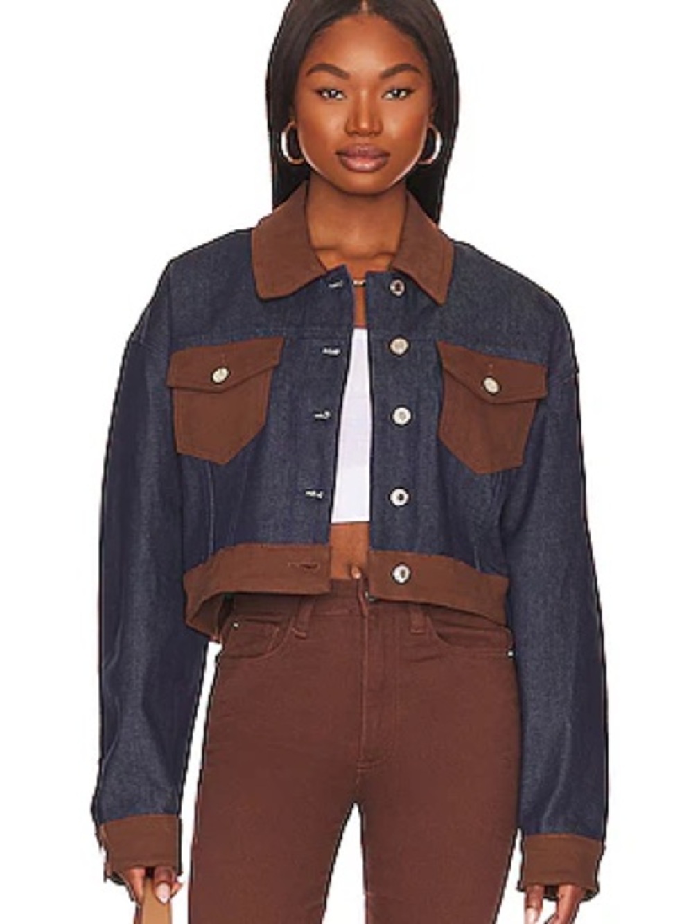 WeWoreWhat Two-Tone Cropped Denim Jacket in Black and Brown